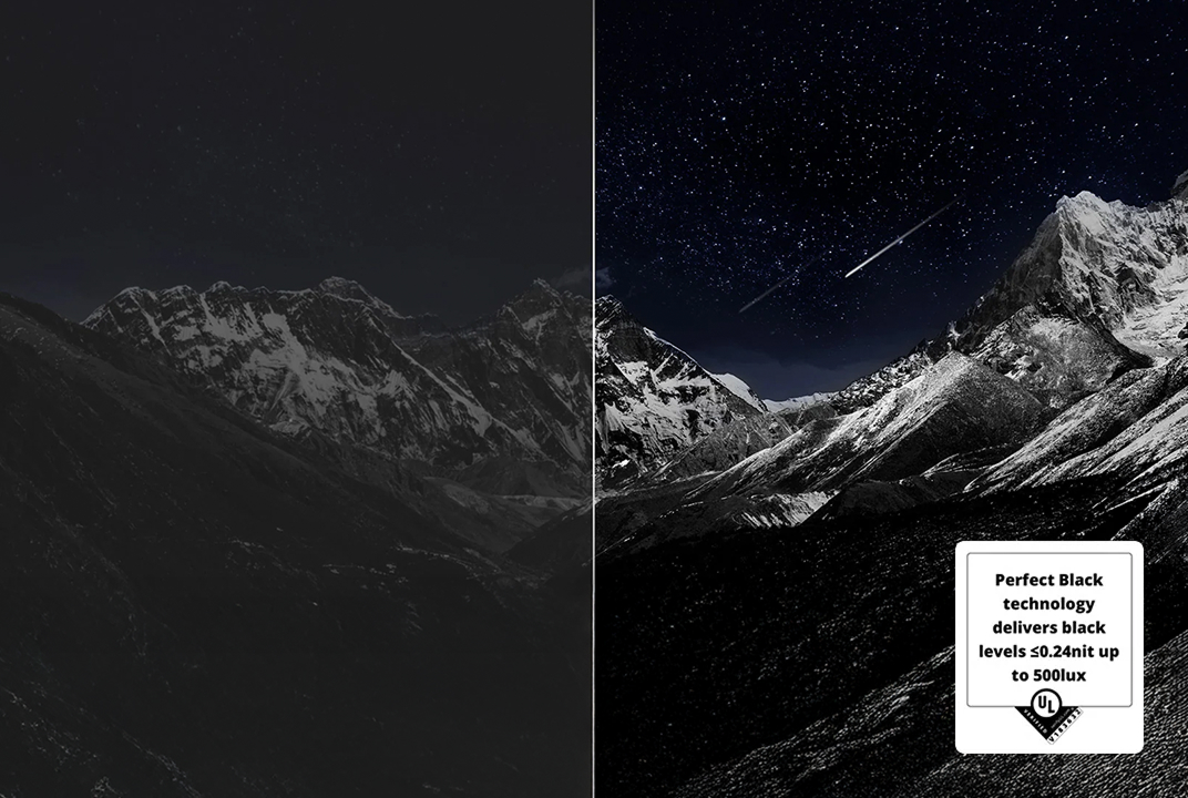 LG OLED monitor showing a dark mountain landscape illustrates Perfect Black.