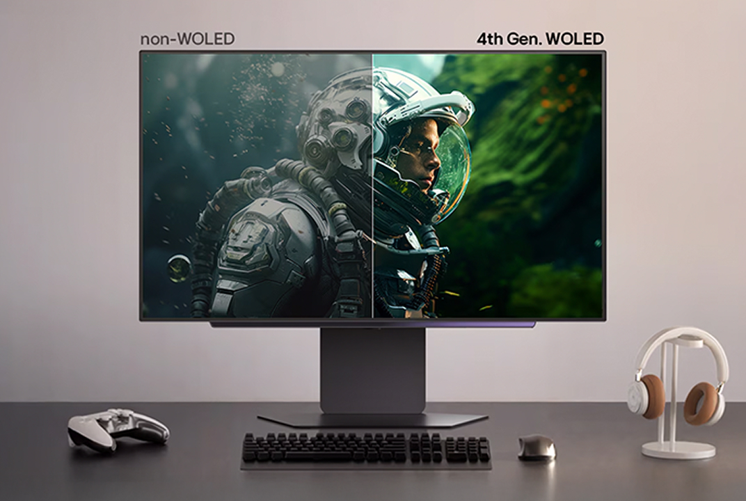 LG monitor comparing non-WOLED and 4th Gen. WOLED astronaut scenes illustrates improved color and brightness.