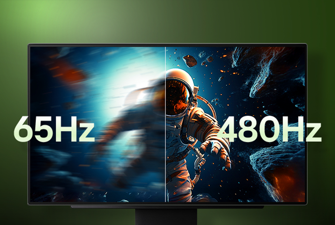 LG gaming monitor comparing a blurred 65Hz astronaut scene with a sharper 480Hz view illustrates refresh rate differences in motion clarity.