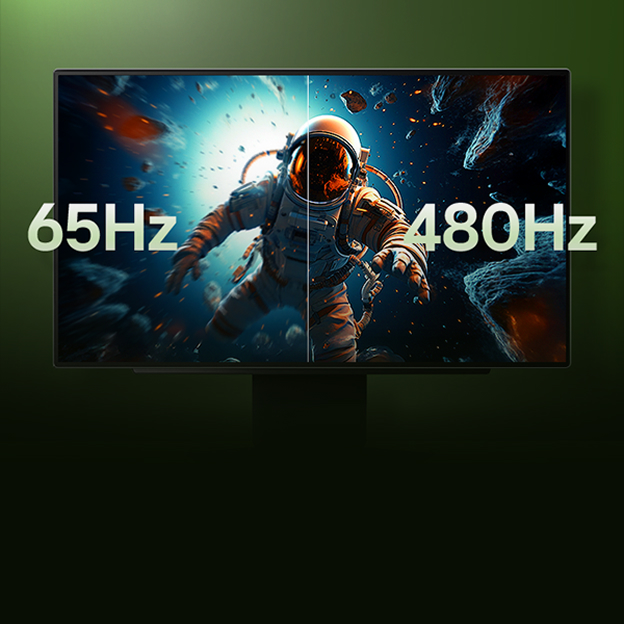 LG gaming monitor comparing a blurred 65Hz astronaut scene with a sharper 480Hz view illustrates refresh rate differences in motion clarity.
