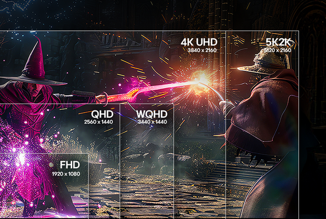 LG monitor showing a game scene divided into FHD, QHD, WQHD, 4K UHD, and 5K2K sections illustrates screen size and resolution options.