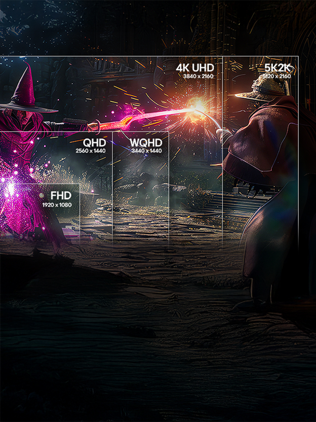 LG monitor showing a game scene divided into FHD, QHD, WQHD, 4K UHD, and 5K2K sections illustrates screen size and resolution options.