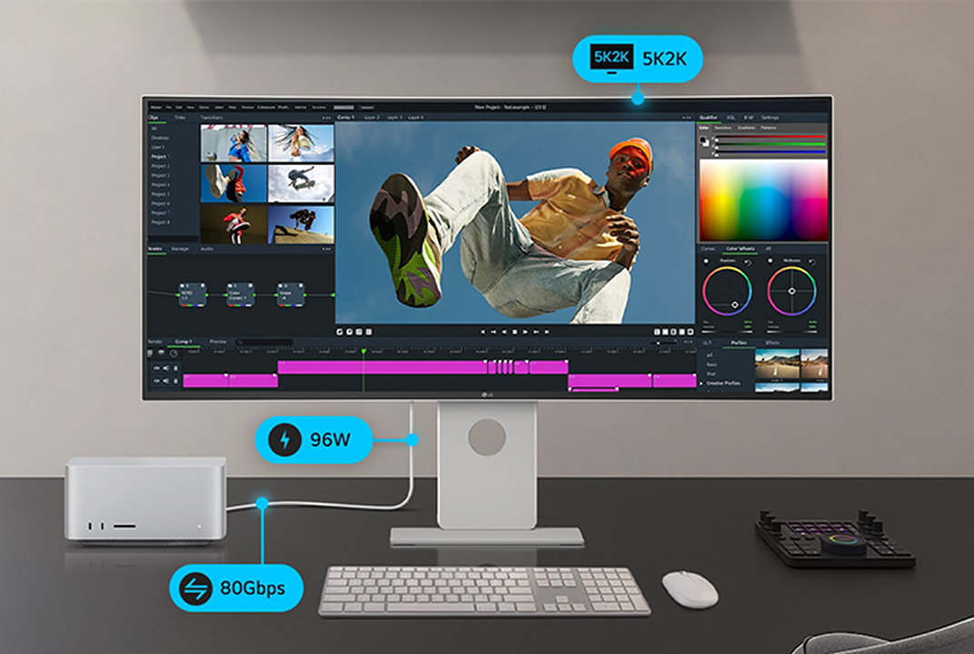 LG monitor editing setup with 5K2K, 96W, and 80Gbps text illustrates Thunderbolt 5 connectivity, power, and data transfer.
