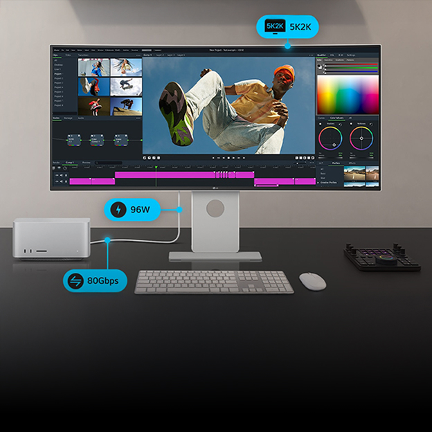 LG monitor editing setup with 5K2K, 96W, and 80Gbps text illustrates Thunderbolt 5 connectivity, power, and data transfer.