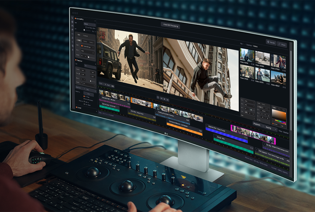 LG monitor viewed from an angle while video editing illustrates wide viewing angles that keep color and detail consistent.