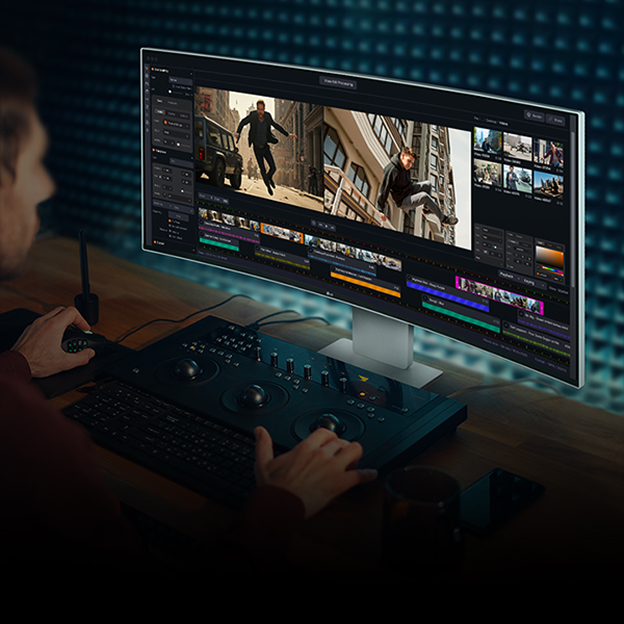 LG monitor viewed from an angle while video editing illustrates wide viewing angles that keep color and detail consistent.