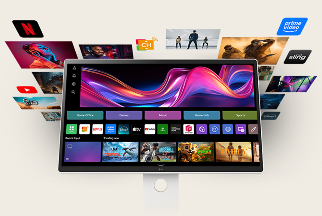 LG smart monitor showing the webOS home screen with app cards and content tiles illustrates the smart interface.