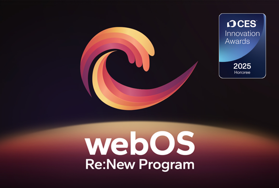LG smart monitor graphic with the webOS Re:New Program logo and a CES 2025 Honoree badge illustrates continued webOS updates.