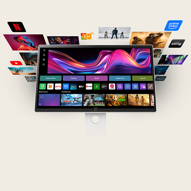 LG smart monitor showing the webOS home screen with app cards and content tiles illustrates the smart interface.