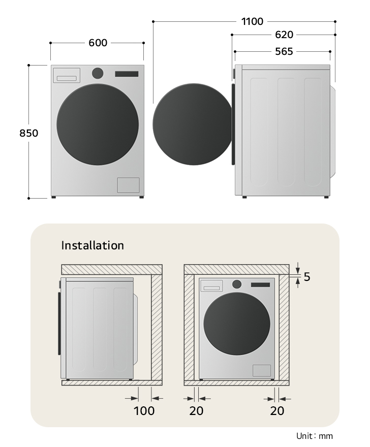 LG washing machine technical drawing: W 600, H 850, D 565mm (door open 1100mm), including installation clearances.