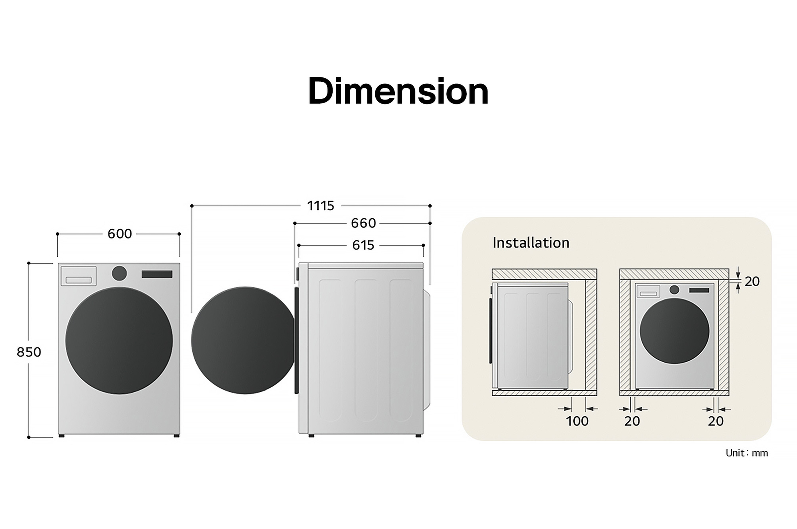 LG dryer technical drawing: W 600, H 850, D 615mm (door open 1115mm), including installation clearances.
