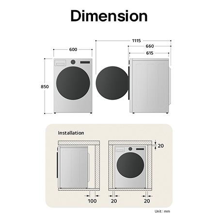 LG dryer technical drawing: W 600, H 850, D 615mm (door open 1115mm), including installation clearances.