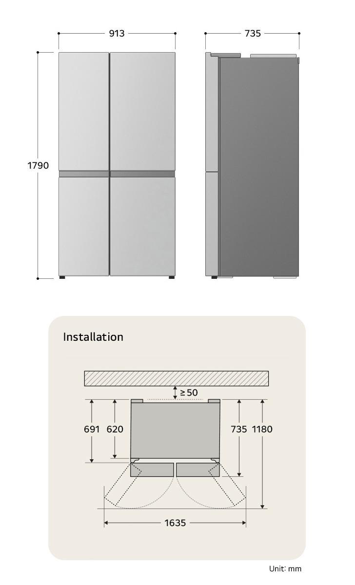 LG Side-by-Side Refrigerator GSXV91MCAE displaying the detailed installation dimensions and product size, including a height of 1790 mm, width of 913 mm, and depth of 735 mm.