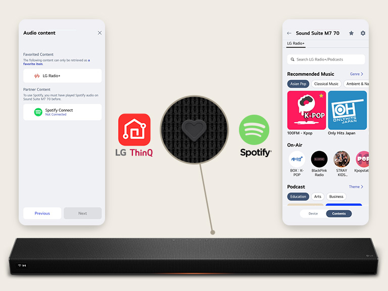 LG ThinQ app screen's shown on the left and Spotify app screes on the right, highlighting one-tap playback using the My Button on the LG Sound Suite H7