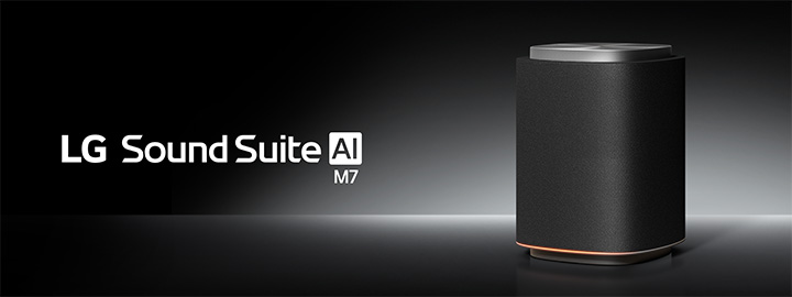 LG Sound Suite M5 wireless speaker with a black textured design and red light for immersive surround sound systems