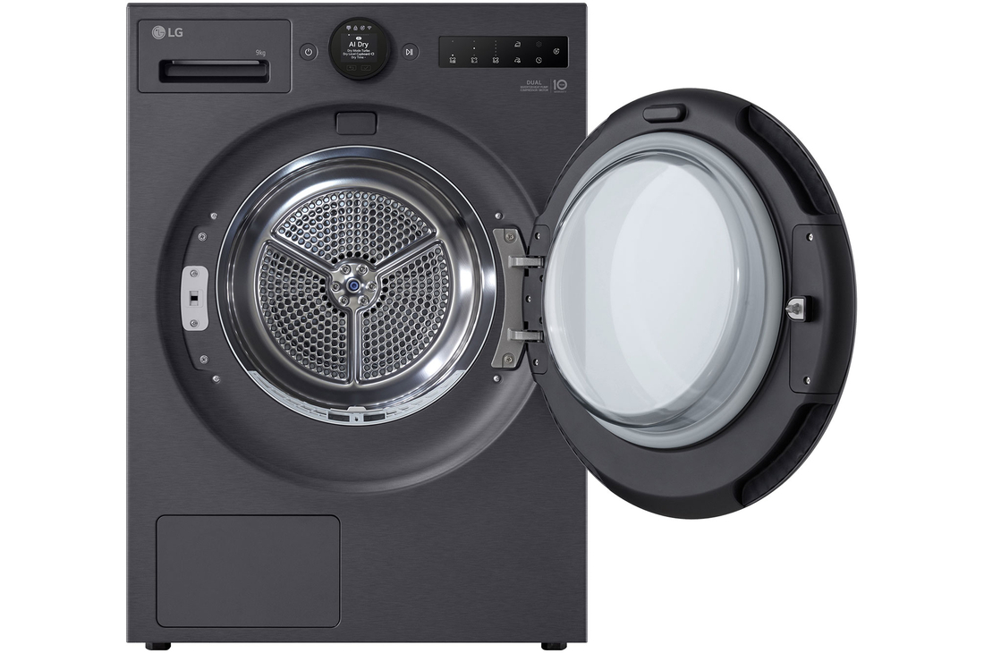 LG 9kg DUAL Inverter Heat Pump™ Dryer, Black, RHX7009TBB, Door Open