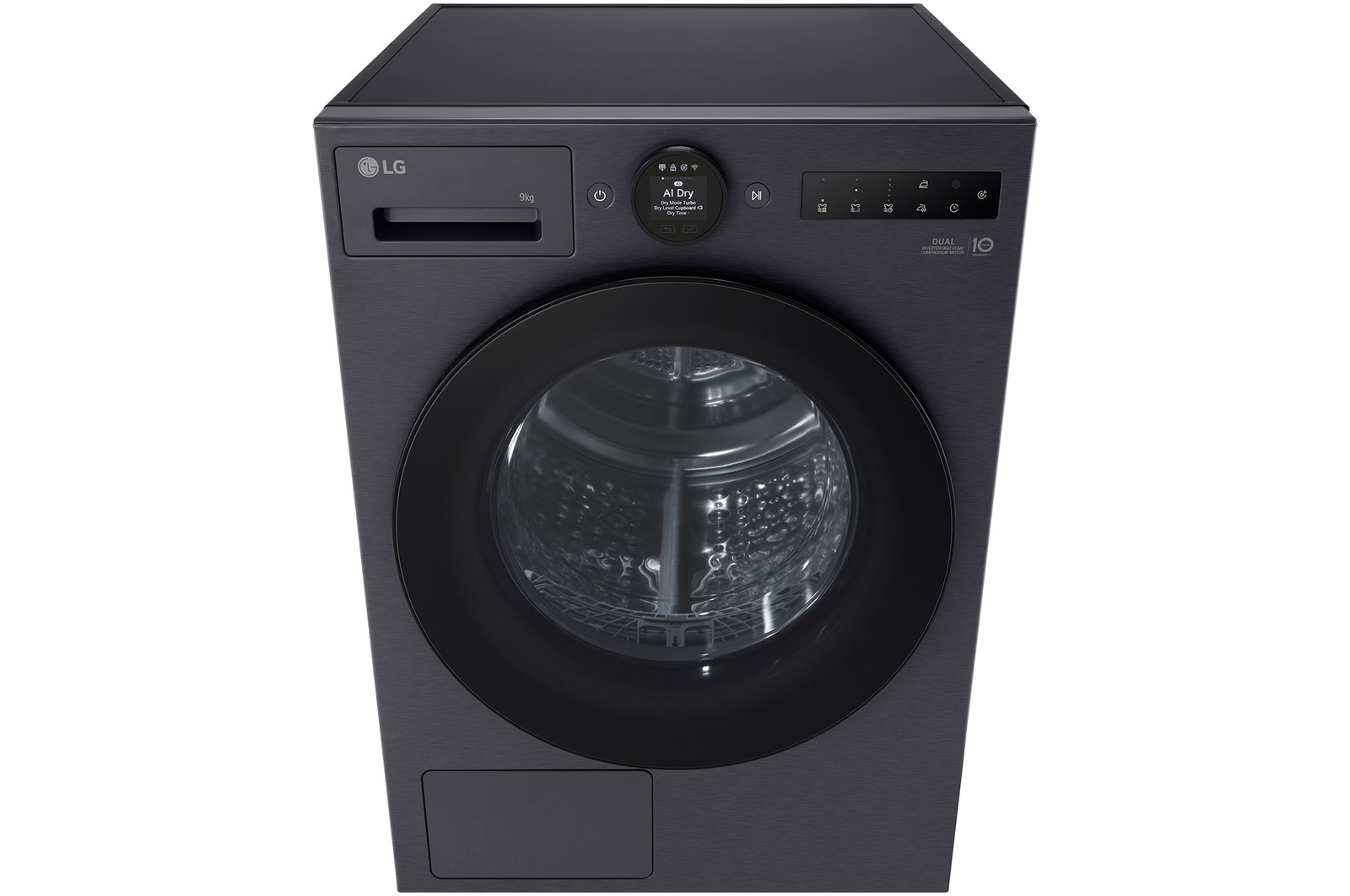 LG 9kg DUAL Inverter Heat Pump™ Dryer, Black, RHX7009TBB, Front High Angle View