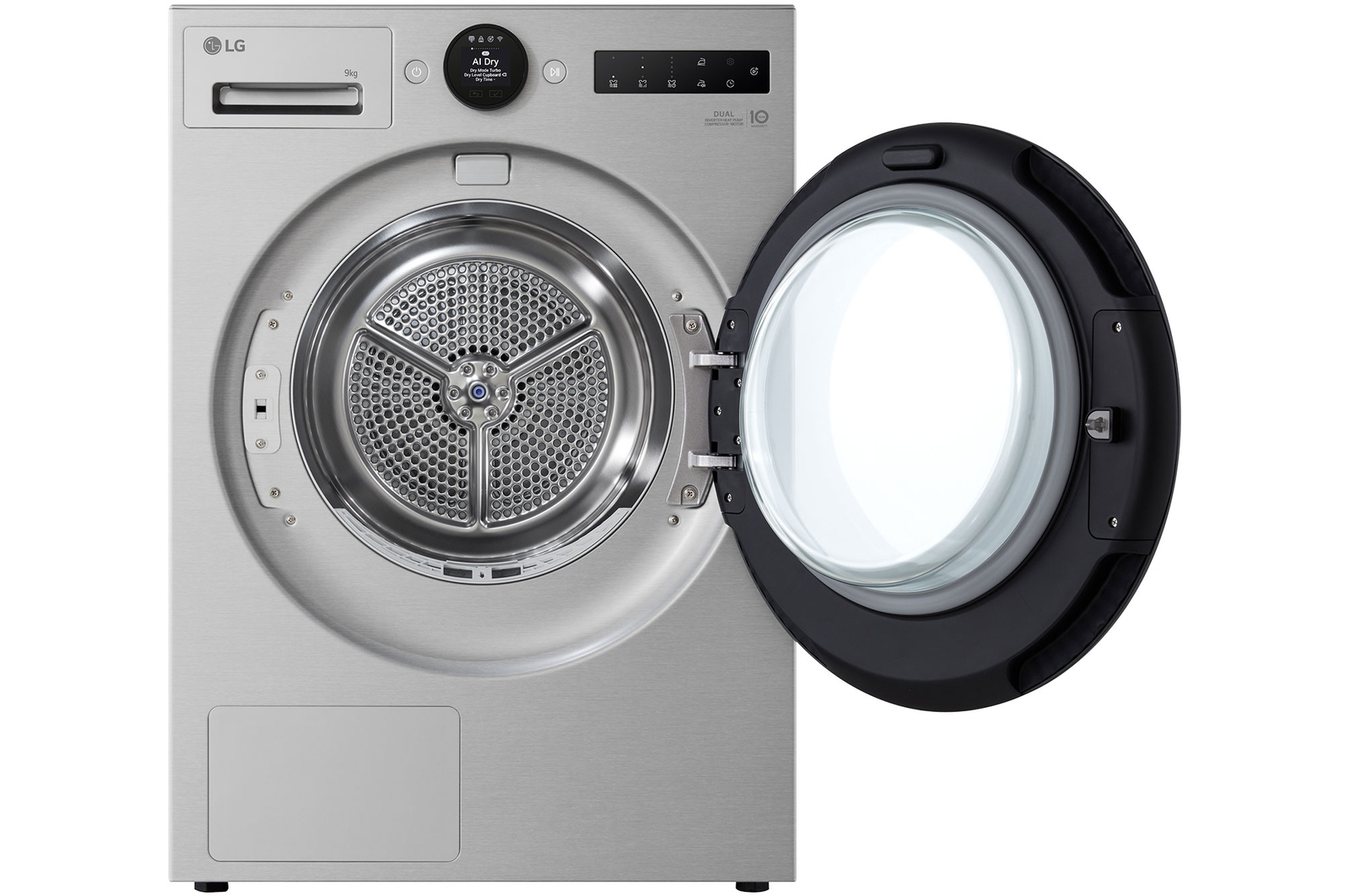 LG 9kg DUAL Inverter Heat Pump™ Dryer, Silver, RHX7009TSB, Door Open