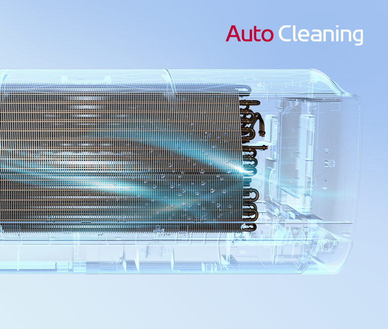 Transparent air conditioner showing auto cleaning feature with blue airflow against a light blue background.