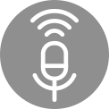 White microphone icon with three sound waves above, centred on a red background. White microphone icon in the centre of a grey square, emitting three upward sound waves.