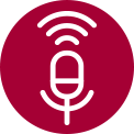 White microphone icon with three sound waves above, centred on a red background. White microphone icon in the centre of a grey square, emitting three upward sound waves.