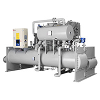 LG Chiller, equipped with a control panel and several gray cylindrical pipes, is displayed.	
