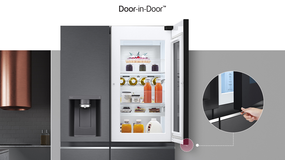 LG Door-in-Door fridge with a transparent panel open, showcasing organised beverages and food inside.