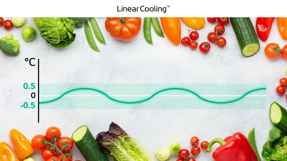 Fresh vegetables such as tomatoes, lettuce, and peppers are arranged around a graph displaying stable cooling near 0°C.