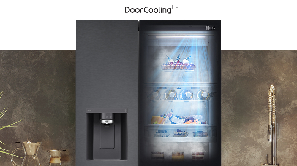 LG refrigerator with DoorCooling+ technology, illuminated shelves with food, next to water dispenser in modern kitchen.