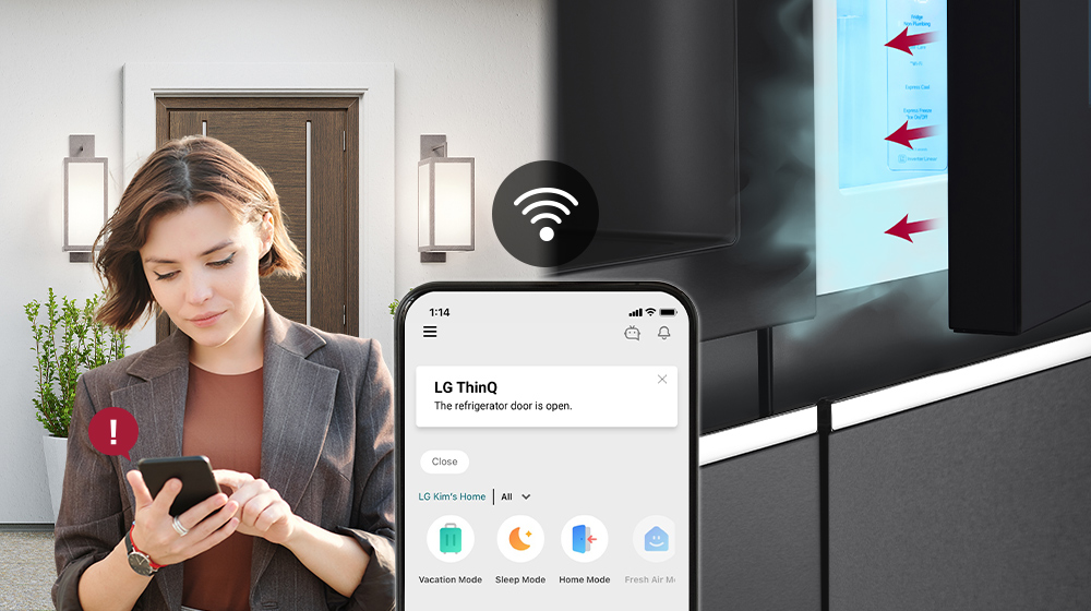 Woman receives LG ThinQ alert on phone about open refrigerator door, standing outside her home with plants.
