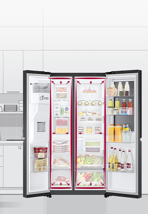 LG refrigerator with open doors showcasing neatly arranged food and beverages in a modern kitchen setting.