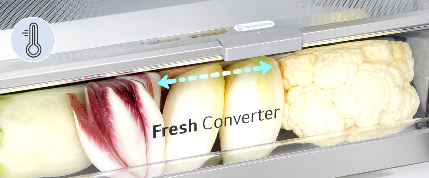 Close-up of vegetable-filled fresh converter, set at proper temperature for fruit and vegetables options.