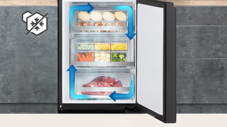No-frost freezer with even cooling and circulated cold air to keep food fresh in all corners.