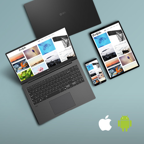 A laptop, tablet, and smartphone are displayed together, all showcasing synchronised content on their screens. The 'gram Link' feature is highlighted, with Apple and Android logos in the bottom right corner, emphasising cross-device connectivity.	