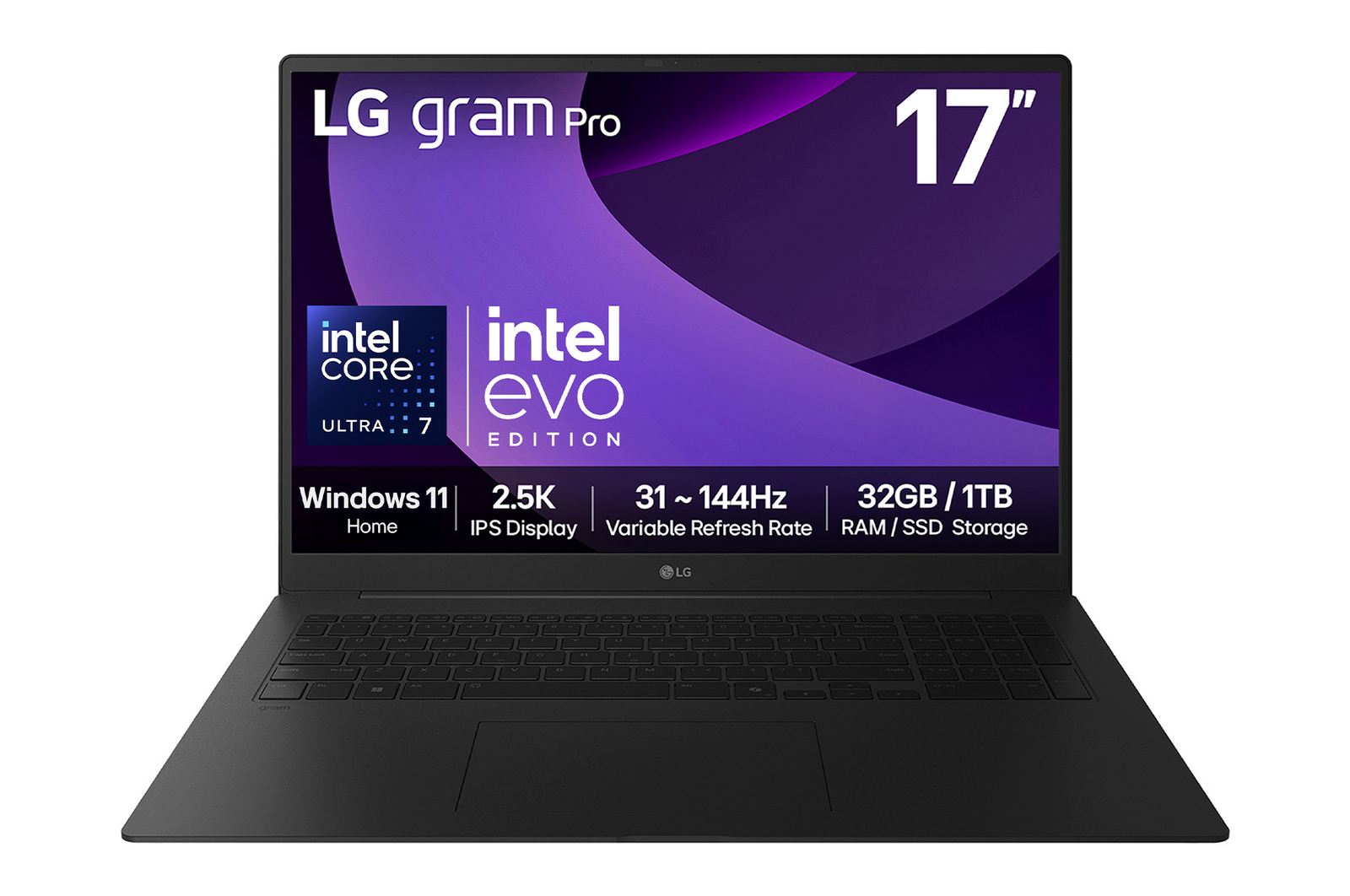 Front view of 17" LG gram Pro, Windows 11 Home, 32GB RAM, Intel® Arrow Lake Processor, Black 17Z90TP-G.AD88A1