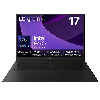 Front view of 17" LG gram Pro, Windows 11 Home, 32GB RAM, Intel® Arrow Lake Processor, Black 17Z90TP-G.AD88A1
