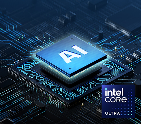 The image displays a close-up of a computer chip with "AI" highlighted at the center, surrounded by a glowing circuit board. The text at the top reads: "AI-optimised processor," and the bottom right features the Intel Core Ultra logo, emphasizing advanced AI processing capabilities.