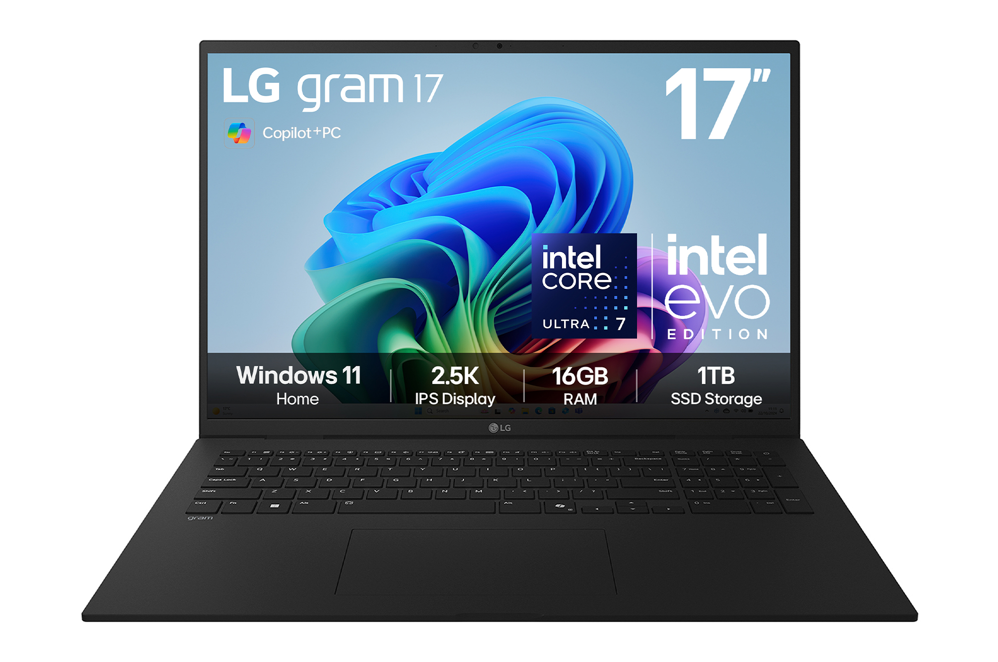 Front view of 17" LG gram AI, Copilot+ PC, Windows 11 Home, Intel® Core™ Ultra Processor, Black 17Z90TL-G.AU78A1