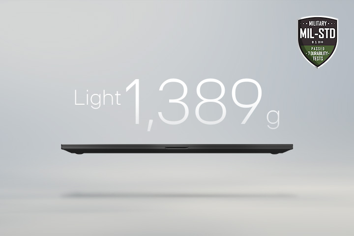 An animation showcasing a lightweight laptop with '1,389g' displayed in the first frame and '16.0mm' thickness in the second frame. Both frames include the MIL-STD durability badge, emphasizing portability and durability.