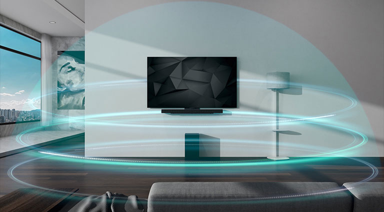 Blue dome-shaped, 3 layered sound wavers are covering Soundbar and TV hung on the wall in the living room.