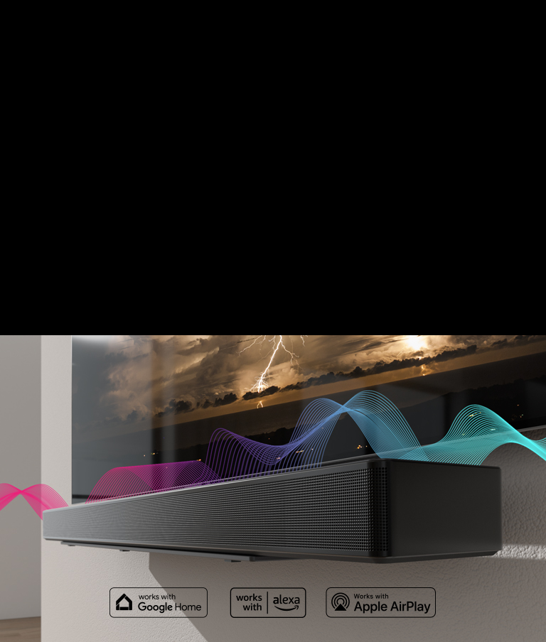 The Soundbar is hung on the wall with the TV right above. Sound waves are crossing between them changing their colors from red to blue.