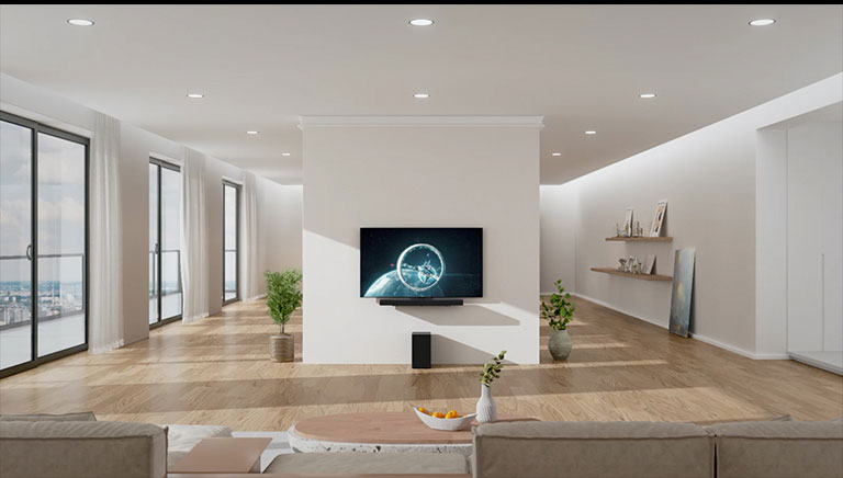 The Soundbar and TV are hung on the white pillar in the center of the living room. On the wooden floor right under the Soundbar a black wooper stands. On the left side there are floor-to-ceiling windows with great view and white curtains. On the right side there place wooden shelves with decorations and a picture places on the floor.