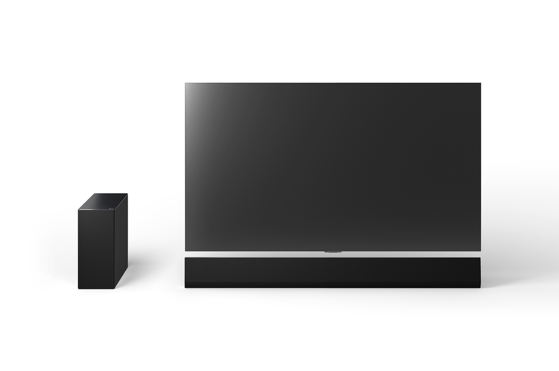 'Front view of 65inch LG OLED G4, LG Soundbar SG10TY, and Subwoofer