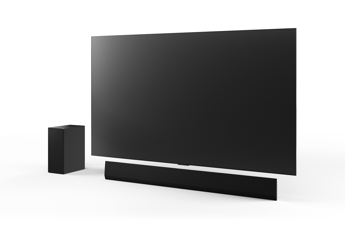 'Front view of 77inch LG OLED G4, LG Soundbar SG10TY, and Subwoofer