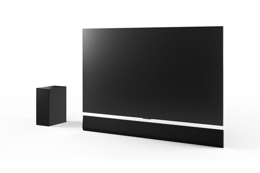 'Front view of 65inch LG OLED G4, LG Soundbar SG10TY, and Subwoofer