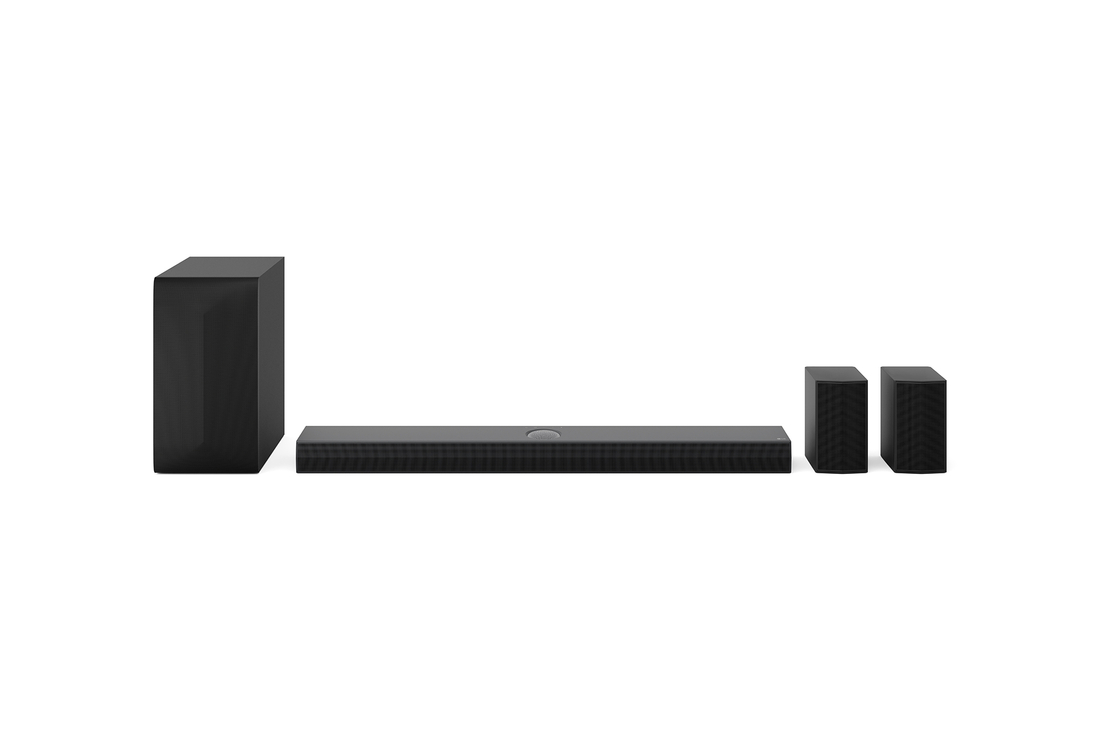Front view of LG Soundbar US70TR, subwoofer, and Rear Speakers