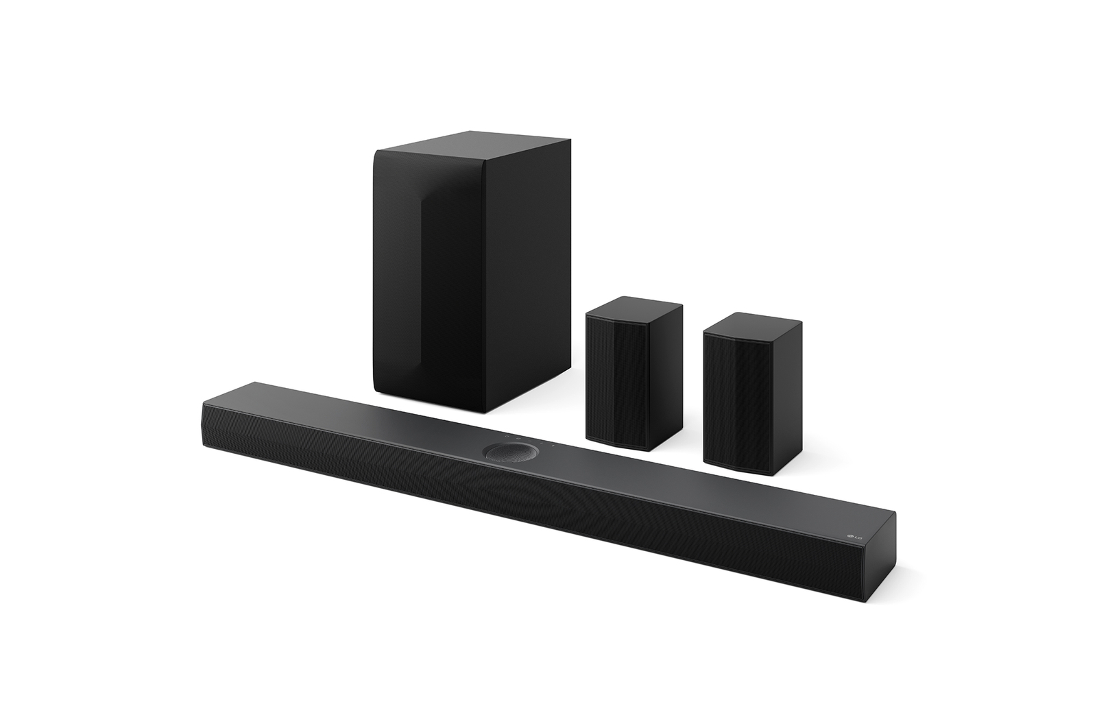 Angled view of LG Soundbar US70TR, subwoofer, and Rear Speakers