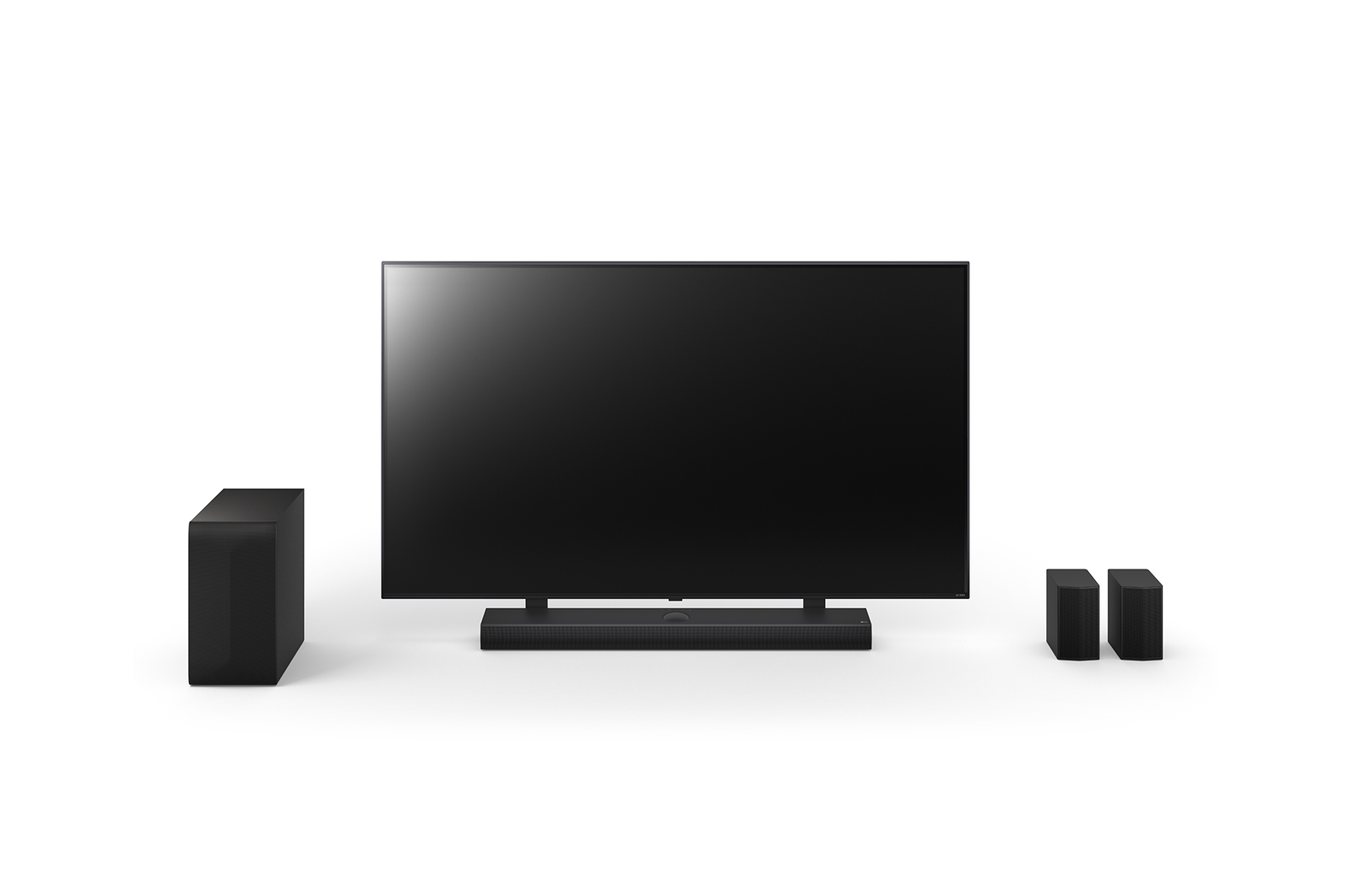 Front view of 65inch LG QNED, LG Soundbar US70TR, Rear Speakers, and subwoofer