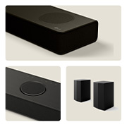 3 individual shots of the US80TR soundbar and speaker 