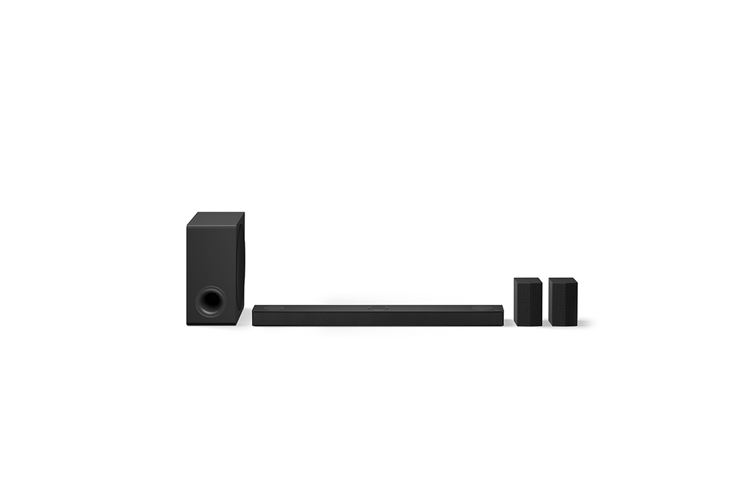 Front view of LG Soundbar S80TR and subwoofer on a white background and some shadow